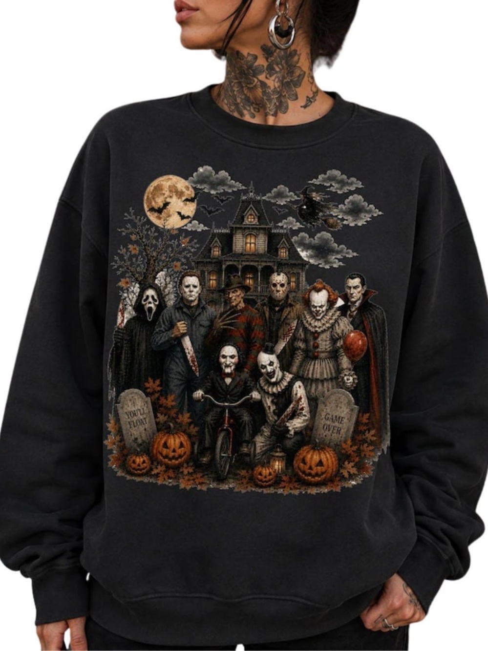 Black Halloween Horror Icons Graphic Crewneck